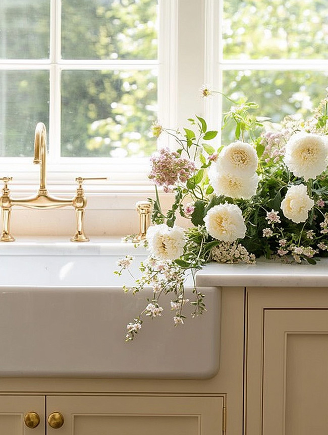A beautiful luxurious kitchen sink with a bouquet of flowers next to it.