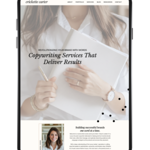 Mockup of a copywriter's website on an ipad.