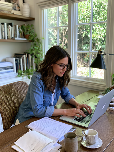 A female author sitting in her sunlit home office working on her laptop.