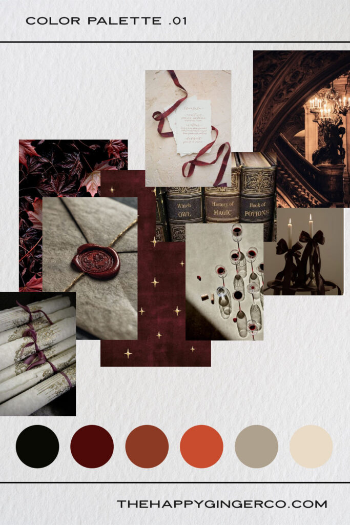 A graphic showing a moody color palette of six colors inspired by romantasy fiction.