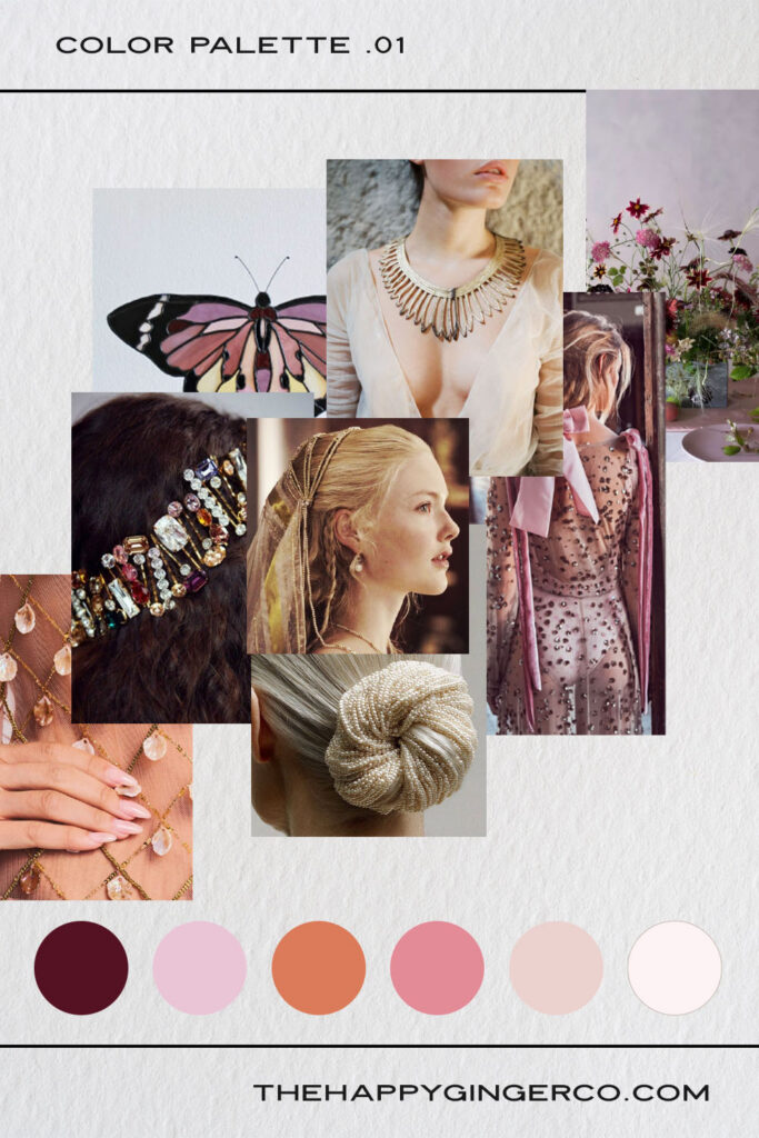A graphic showing a moody color palette of six colors inspired by romantasy fiction.