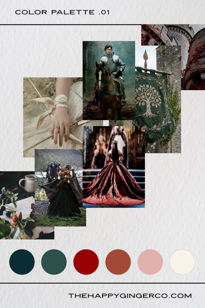 A graphic showing a moody color palette of six colors inspired by romantasy fiction.