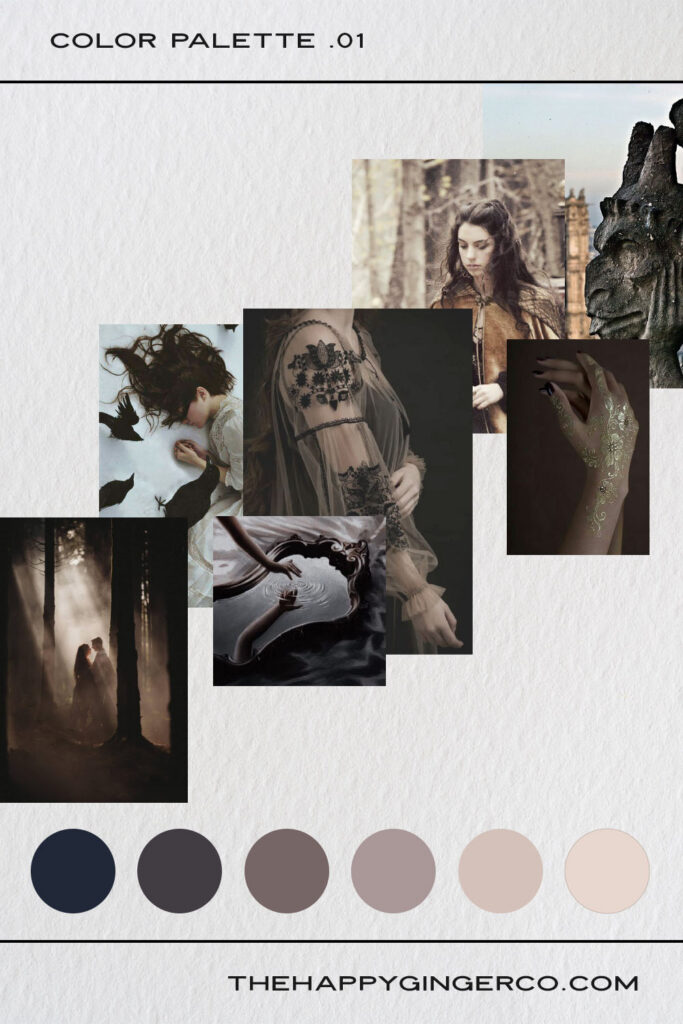 A graphic showing a moody color palette of six colors inspired by romantasy fiction.